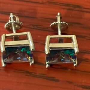 Mystic Topaz tourmaline screw on Stud Earrings pierced Purple-Green bicolor